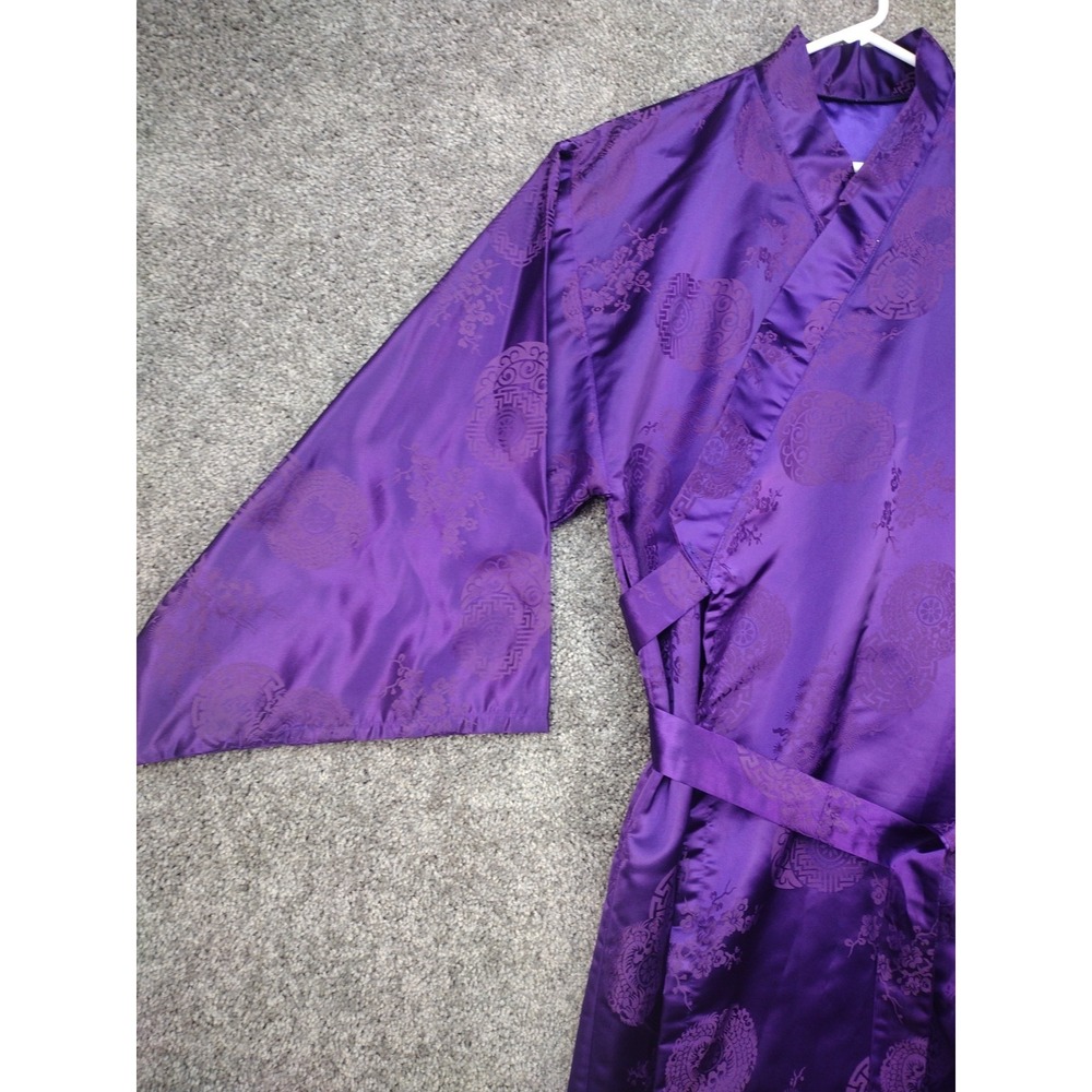 Vintage Japanese Belted Kimono Silky Dark Purple W Huge Butterfly Robe MCM 70's - Picture 5 of 16